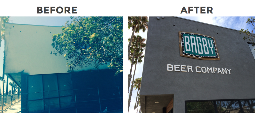 Before and after pictures Exterior signage customer logo reclaimed wood with dimesional of dimensional graphics applied to exterior of building