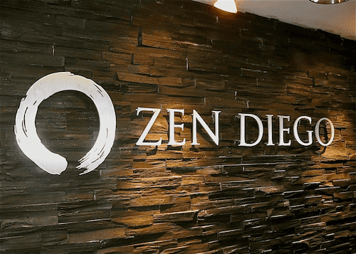 Lobby signage with dimensional brushed aluminum letters and logo
